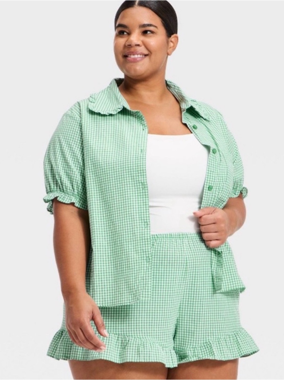 Target Green Gingham Short Pajama Set - Women's Button-Front Top & Ruffle Shorts - Picture 2 of 2
